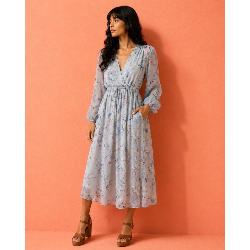 Vintage‎ 70s Sky Blue Floral Dress Cottagecore Small Boho Sheer Midi Slip Dress
